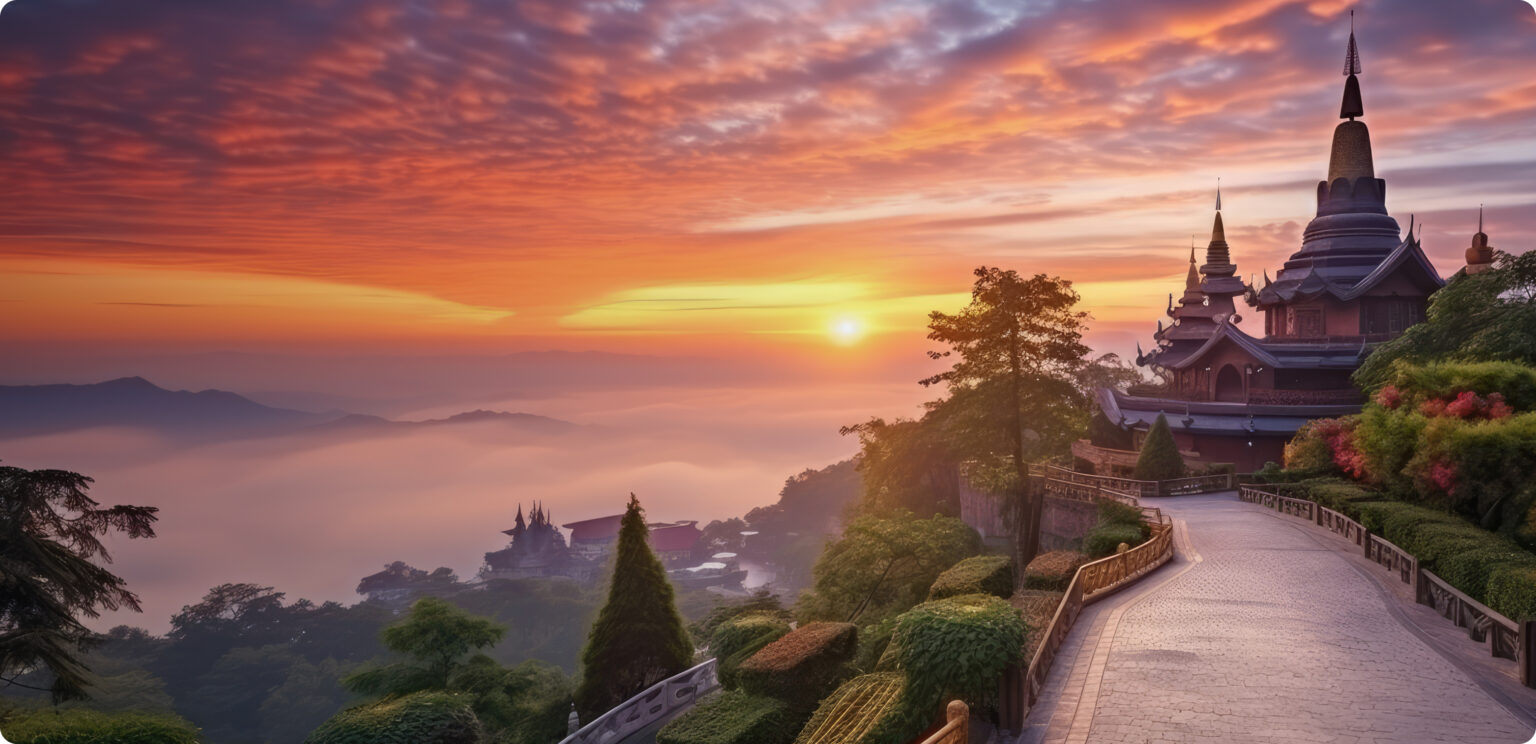Sunrise over the hills and temples of Chiang Mai
