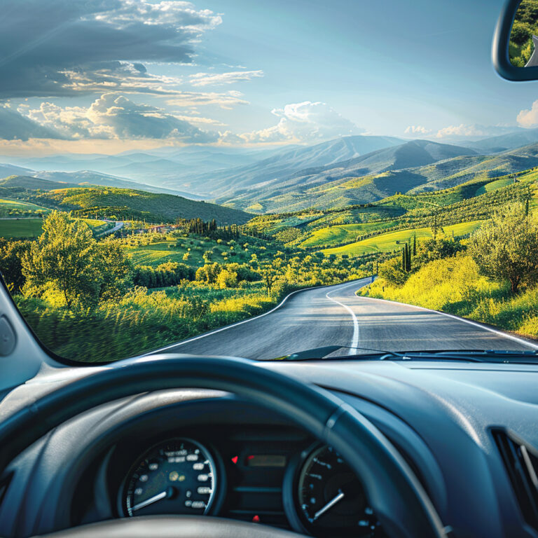 Open road through green hills seen from a driver’s seat