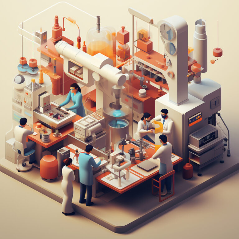 Isometric illustration of a busy production workshop