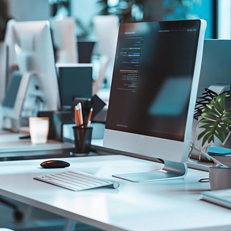 Desk with a monitor showing code