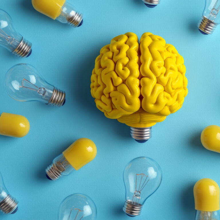 A yellow brain among light bulbs